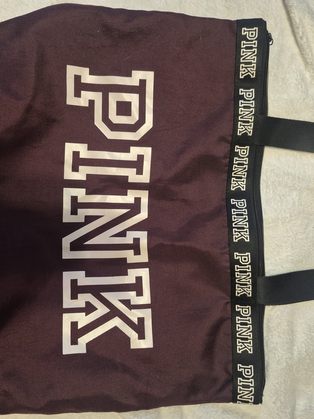 PINK Victoria's Secret Maroon Duffel with White Logo and Black Trim